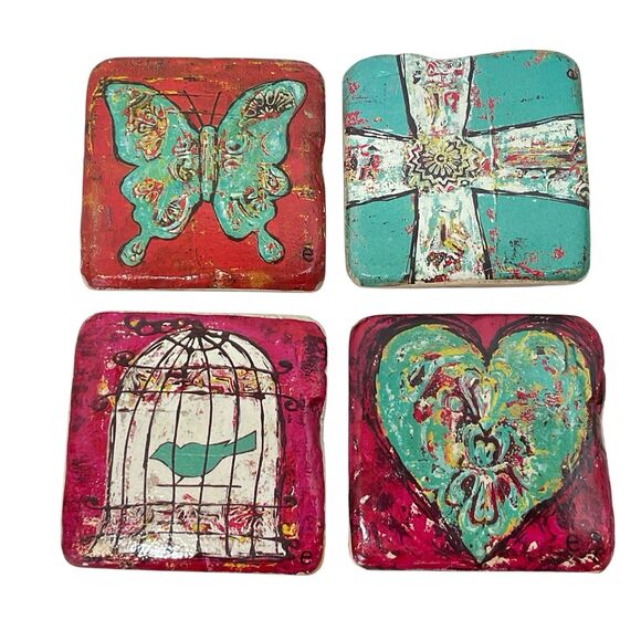 Handcrafted Coaster Set Whimsical 4"x4" Emily Little - Little e Studio W Holder - Picture 2 of 14